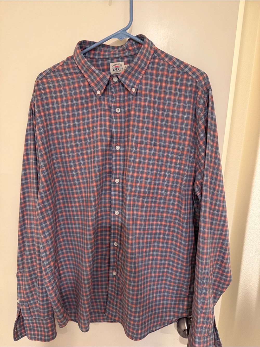 Faherty Blue and Coral Plaid Button-Down Shirt